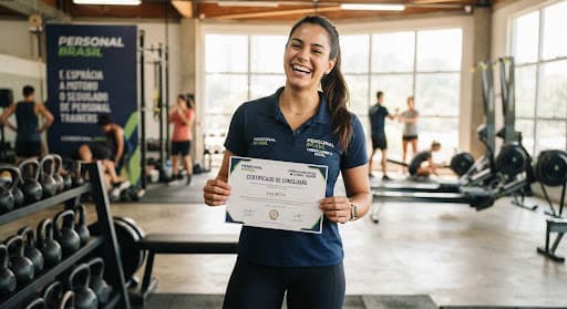 Profissional de educação física segurando um certificado