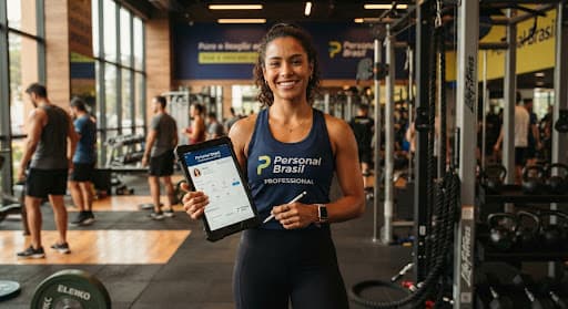Personal trainer sorrindo com um tablet em uma academia moderna