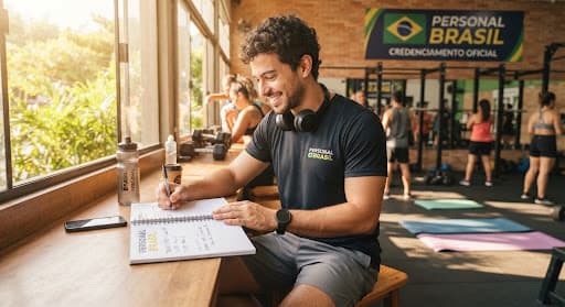 Personal trainer anotando planejamento de treino
